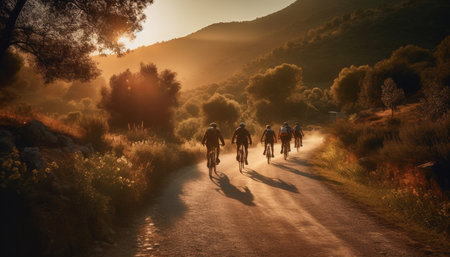 Men and women hiking in autumn forest generated by artificial intelligenceの素材