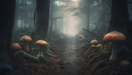 Edible mushroom grows in spooky autumn forest generated by artificial intelligenceの素材