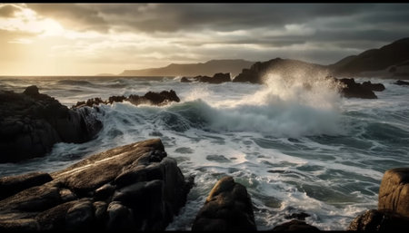 Breaking waves crash against rocky coastline at sunset generated by artificial intelligenceの素材