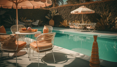 Luxury resort patio overlooks tranquil poolside oasis generated by artificial intelligenceの素材