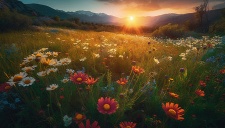 Sunset over meadow, wildflowers bloom in springtime generated by artificial intelligenceの素材