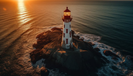 Beacon guides ships through dangerous waves at dusk generated by artificial intelligenceの素材