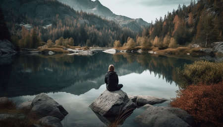 One person meditating in serene mountain landscape generated by artificial intelligenceの素材