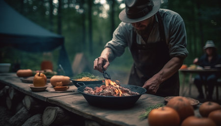 One man grilling homemade pumpkin on wood generated by artificial intelligenceの素材