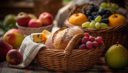 Fresh fruit basket healthy, organic, gourmet picnic generated by artificial intelligenceの素材