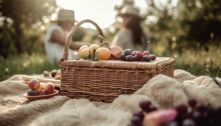 Healthy family enjoys fresh fruit in nature generated by artificial intelligenceの素材