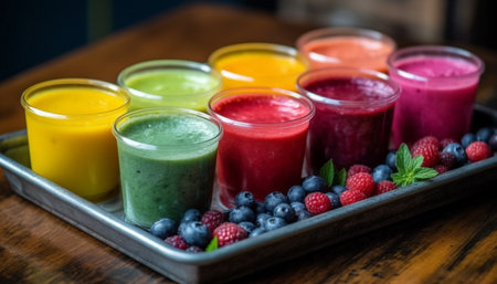 Fresh berry yogurt smoothie in rustic wood bowl generated by artificial intelligenceの素材