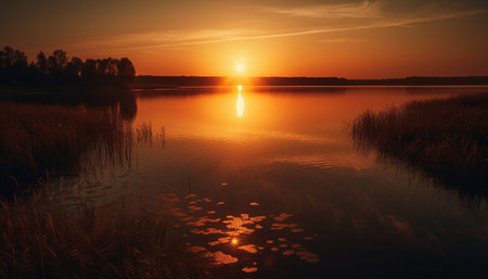 Sunset over tranquil waters, nature beauty shines generated by artificial intelligenceの素材