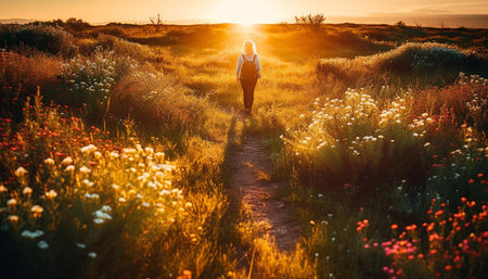 Men and women walking, enjoying nature beauty generated by artificial intelligenceの素材