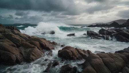 Breaking waves crash against rocky coastline, dramatic sky generated by artificial intelligenceの素材