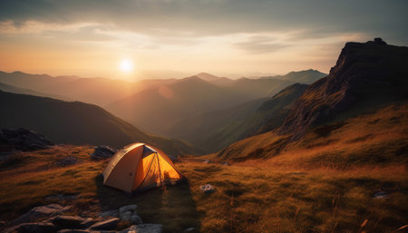 Hiking through mountain range, camping at sunset generated by artificial intelligenceの素材