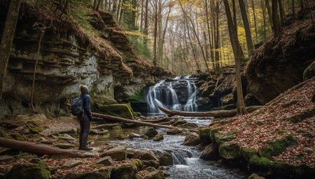 One person hiking through majestic autumn forest generated by artificial intelligenceの素材