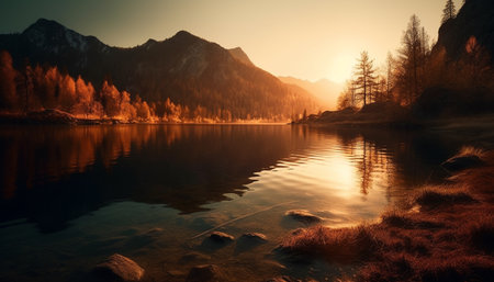 Majestic mountain range reflects tranquil sunset beauty generated by artificial intelligenceの素材