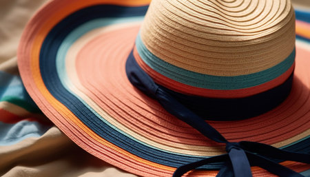 Multi colored straw hat with striped pattern generated by artificial intelligenceの素材