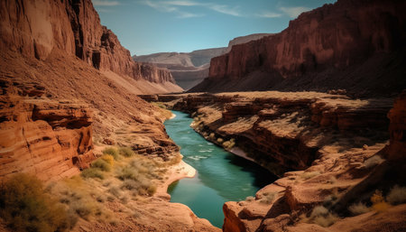Majestic sandstone cliffs frame tranquil riverbed scene generated by artificial intelligenceの素材