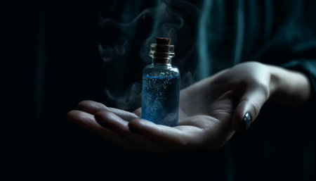 Women holding glass bottle of scented liquid generated by artificial intelligenceの素材