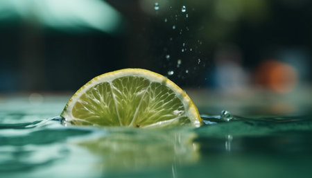 Juicy citrus slice reflects in refreshing water wave generated by artificial intelligenceの素材