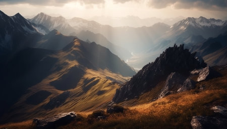 Majestic mountain range, tranquil meadow, panoramic beauty generated by artificial intelligenceの素材