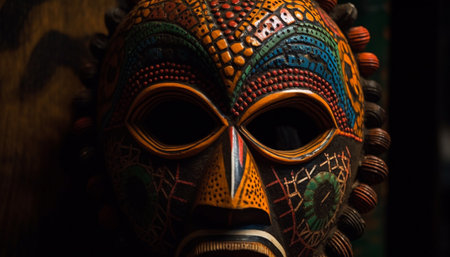 Ancient African cultures decorate masks with vibrant colors generated by artificial intelligenceの素材