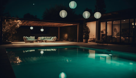Luxury poolside relaxation in modern illuminated design generated by artificial intelligenceの素材