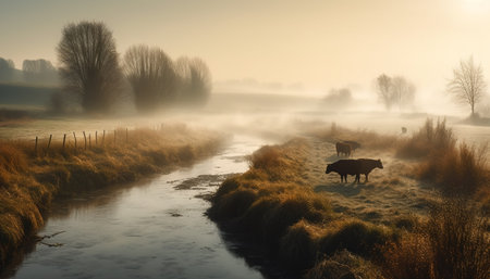 Sunrise over foggy farm, cows grazing peacefully generated by artificial intelligenceの素材