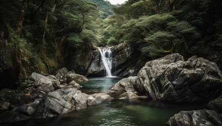 Tranquil scene of flowing water in forest generated by artificial intelligenceの素材