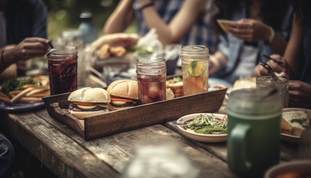 Grilled burgers, fries, and beer at picnic generated by artificial intelligenceの素材