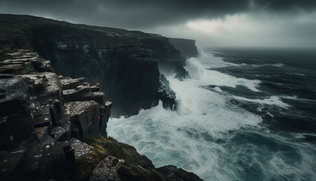 Majestic rock cliffs crash into rough waves generated by artificial intelligenceの素材