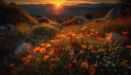 Tranquil meadow, wildflowers bloom under sunset sky generated by artificial intelligenceの素材