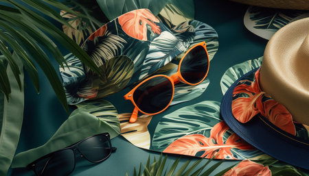 Fashionable sunglasses on palm tree backdrop Summer relaxation generated by artificial intelligenceの素材