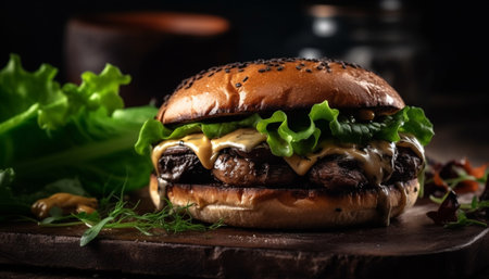 Grilled cheeseburger on rustic bun with fries generated by artificial intelligenceの素材