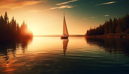 Sailboat glides on tranquil sunset waterscape adventure generated by artificial intelligenceの素材