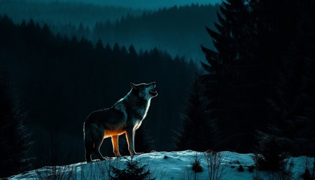 Gray wolf standing in snow covered forest generated by artificial intelligenceの素材