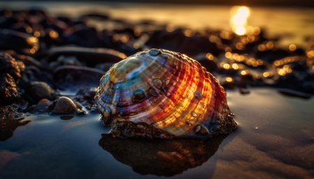 Seashell spiral reflects beauty in tranquil waters generated by artificial intelligenceの素材