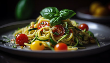 Healthy vegetarian pasta meal with fresh tomato generated by artificial intelligenceの素材