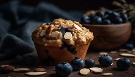 Freshly baked berry muffin, a gourmet indulgence generated by artificial intelligenceの素材
