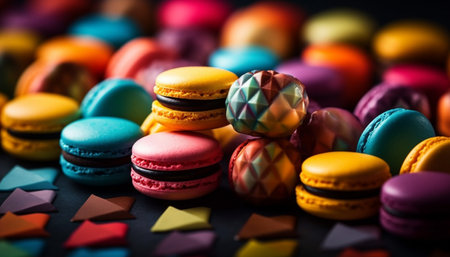 Vibrant macaroon stack, a sweet French indulgence generated by artificial intelligenceの素材