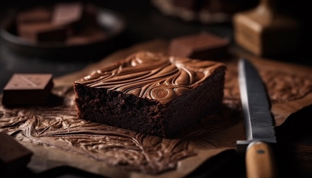 Homemade brownie slice on rustic wooden table generated by artificial intelligenceの素材