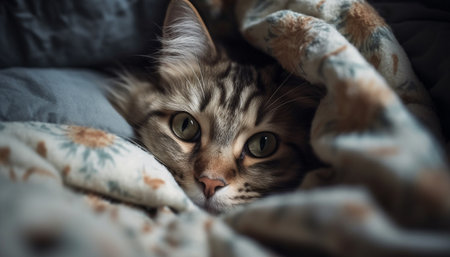 Fluffy kitten resting on soft pillow indoors generated by artificial intelligenceの素材