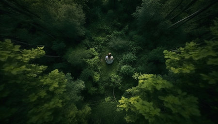 Adventure loving couple hikes through beautiful forest landscape generated by artificial intelligenceの素材
