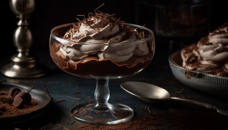 Indulgent homemade dark chocolate ice cream sundae generated by artificial intelligenceの素材