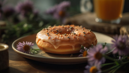 Freshly baked donut with chocolate icing and strawberry generated by artificial intelligenceの素材