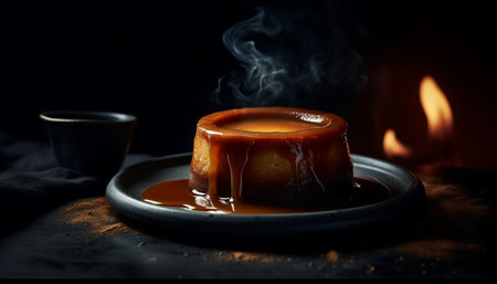 Melting chocolate on a gourmet dessert plate generated by artificial intelligenceの素材