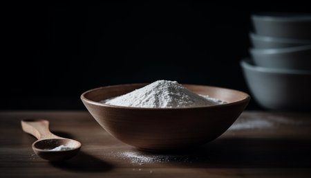 Heap of fresh basmati rice on wooden table generated by artificial intelligenceの素材