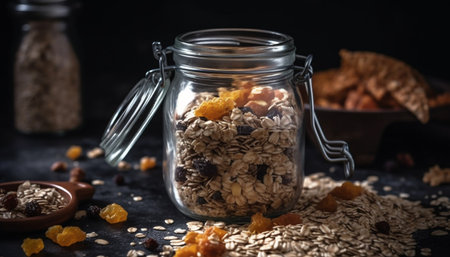 Organic granola bowl with fresh fruit and honey generated by artificial intelligenceの素材