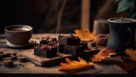 Dark chocolate brownie stack on rustic table generated by artificial intelligenceの素材
