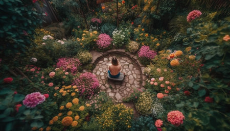 Women and men meditating in formal garden generated by artificial intelligenceの素材