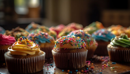Homemade cupcakes with colorful decorations and icing generated by artificial intelligenceの素材