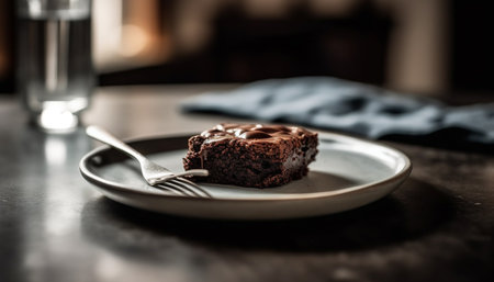 Indulgent homemade brownie slice on rustic crockery generated by artificial intelligenceの素材