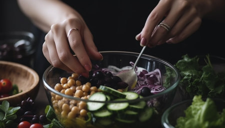 Hand holding fresh vegetable salad, healthy gourmet meal generated by artificial intelligenceの素材